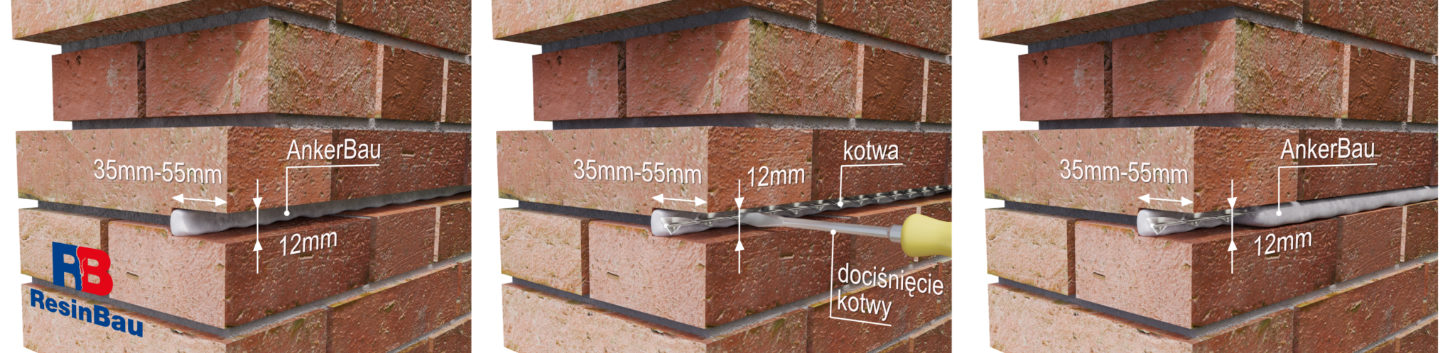 Schemat wymiarów montażowych dla kotew spiralnych